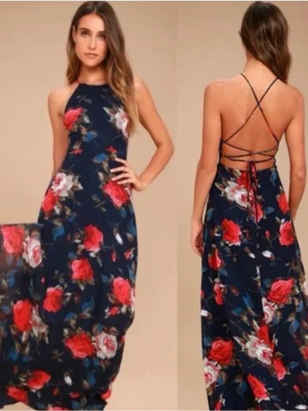 Lulu's Navy Floral Halter Maxi with Red Rose Print and Open Lace Back